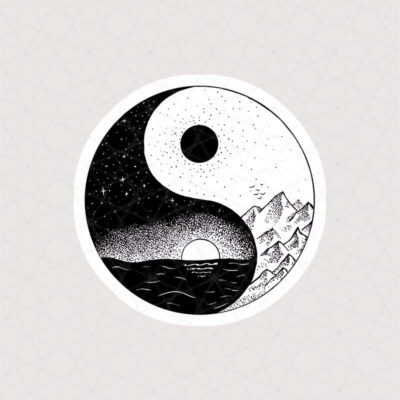 استیکر Yin and yang به رنگ سیاه و سفید با طرح کوه و دریا