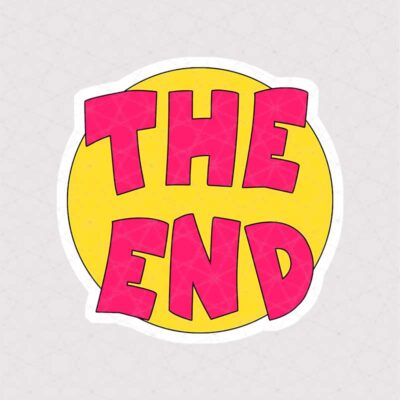 استیکر متن The End طرح دایره ای به رنگ زرد با متن قرمز