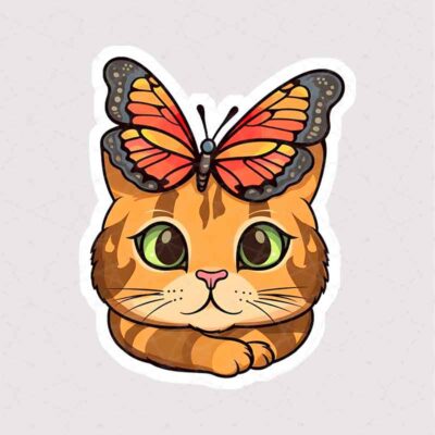 استیکر گربه و پروانه نارنجی طرح کارتونی