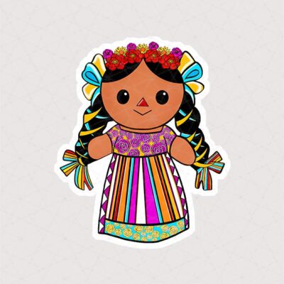 استیکر عروسک دختر بچه با موهای بافته شده رنگی و لباس رنگی