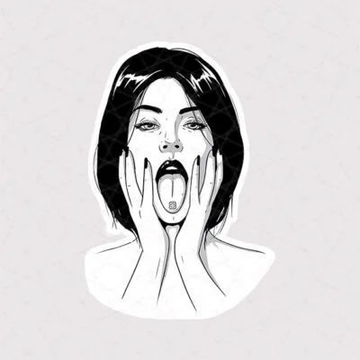 استیکر دختر طرح lsd بر روی زبان به رنگ سیاه و سفید