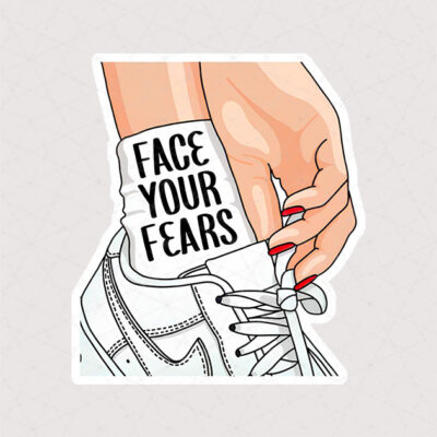 استیکر کفش نایک و جوراب سفید همراه با متن face your fears به معنی با ترس های خود روبرو شوید