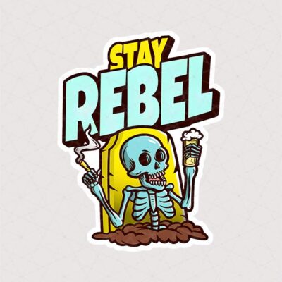 استیکر لپتاپ اسکلت معتاد در حال سیگار کشیدن و نوشیدنی خوردن همراه با متن Stay Rebel