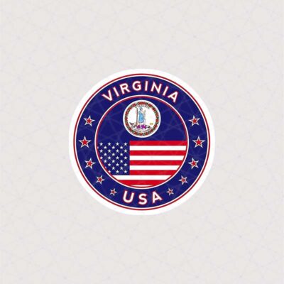 استیکر دایره با مهر و نشان ایالت ویرجینیا و پرچم ایالات متحده