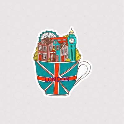 استیکر فنجان طرح شهر لندن به صورت گرافیکی همراه با متن LONDON و پرچم بریتانیا