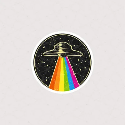 استیکر یک سفینه فضایی (UFO) طرح رنگین کمان