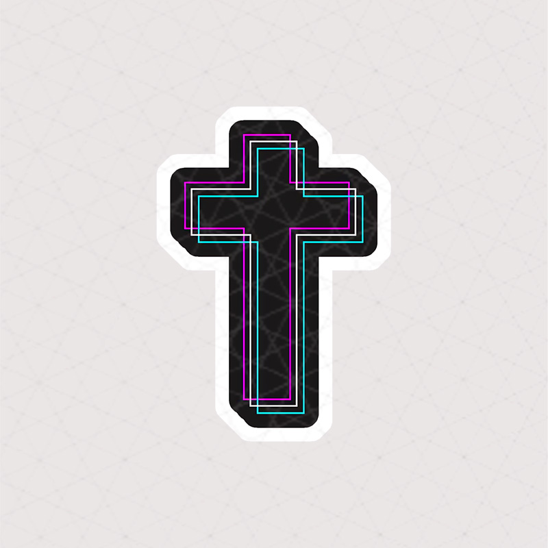 استیکر صلیب با ترکیب رنگی سیاه و بنفش و آبی
