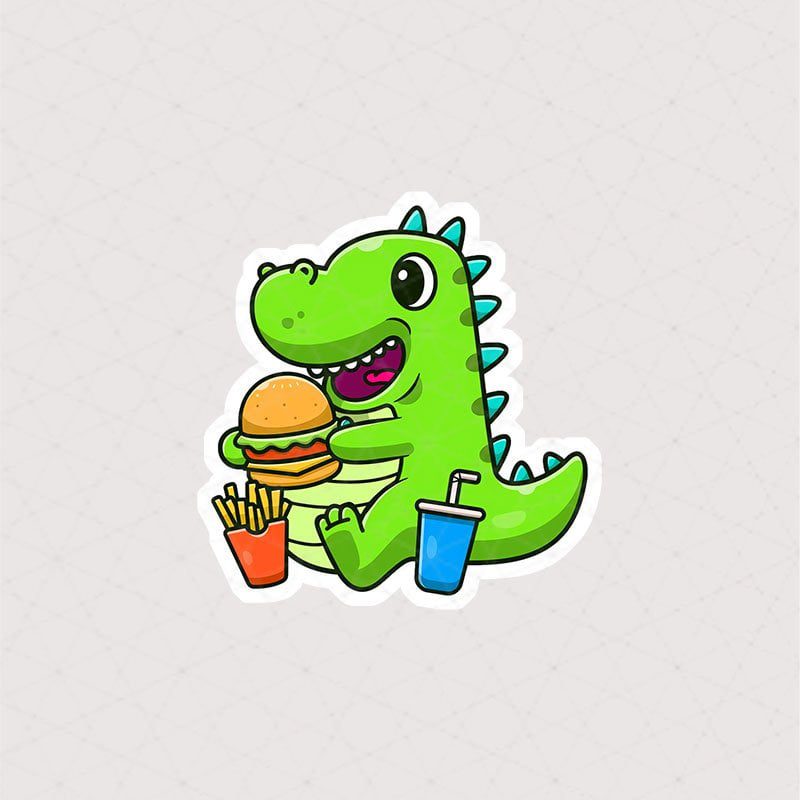 9087 Asli Dinosaur استیکر دایناسور استیکر دایناسور در حال خوردن همبرگر و سیب زمینی سرخ کرده