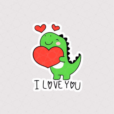 استیکر دایناسور همراه با متن i love you و قلب قرمز