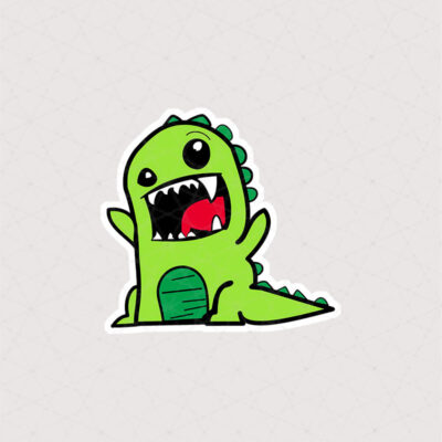 استیکر دایناسور کارتونی سبز رنگ است که دهان بزرگی با دندان‌های تیز