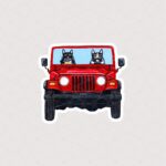 استیکر دو گربه در حال رانندگی در جیپ قرمز