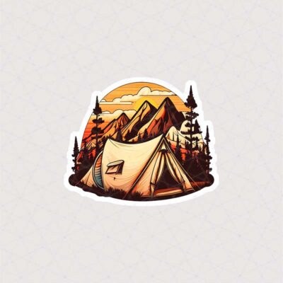 برچسب چادر در کوهستان جنگلی طرح گرافیکی
