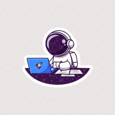 استیکر فضانورد در حال کار با لپ تاپ