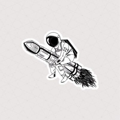 استیکر ادم فضایی سوار بر موشک طرح سیاه سفید