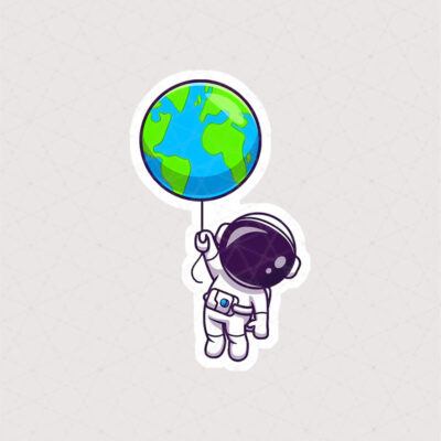 استیکر ادم فضایی همراه با بادکنک به شکل زمین طرح گرافیکی