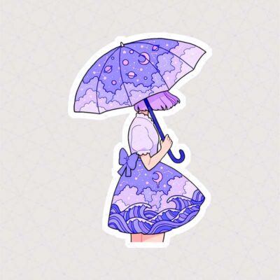 استیکر دختر با لباسی شبیه به امواج دریا همراه با  چتر به رنگ بنفش