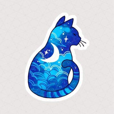 استیکر گربه آبی و ماه