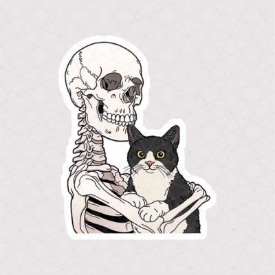 استیکر اسکلت و گربه سیاه و سفید