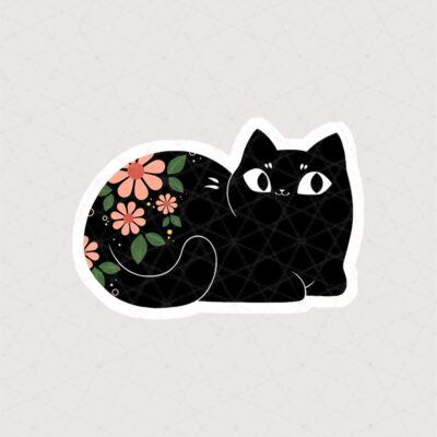 استیکر گربه سیاه همراه با گل