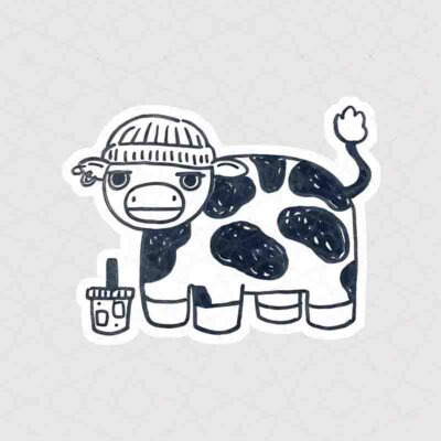 استیکر نقاش گاو در حال نوشیدنی خوردن همراه با کلاه