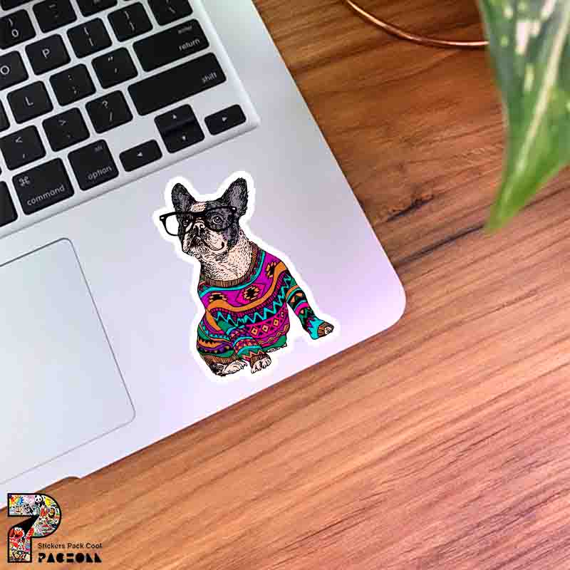 9237 K Sticker Dog استیکر بولداگ با عینک و ژاکت بافتنی