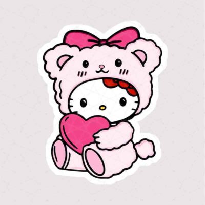 استیکر هلو کیتی با لباس خرسی و قلب