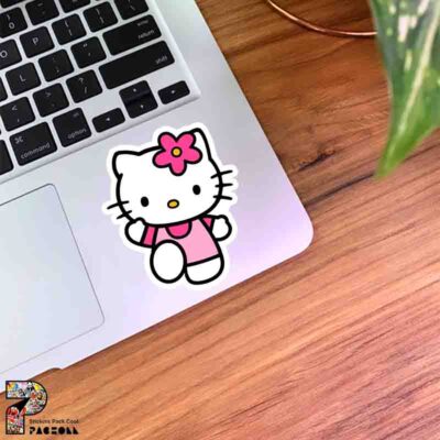 استیکر کیتی شاد با گل صورتی